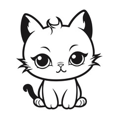 A black and white vector silhouette of a lonely baby cat with teary eyes, sitting still on a white background