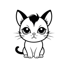 A black and white vector silhouette of a small, sad baby cat with drooping ears, set on a white background