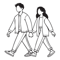 Hand-drawn vector illustration of man and woman holding hands and walking together. Doodle style isolated and easy to use for creative projects and designs.