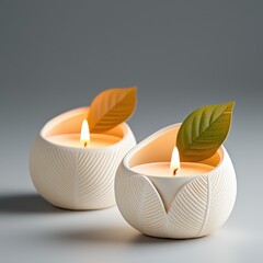 Elegant candles with leaf accents, creating a calming and inviting ambiance.