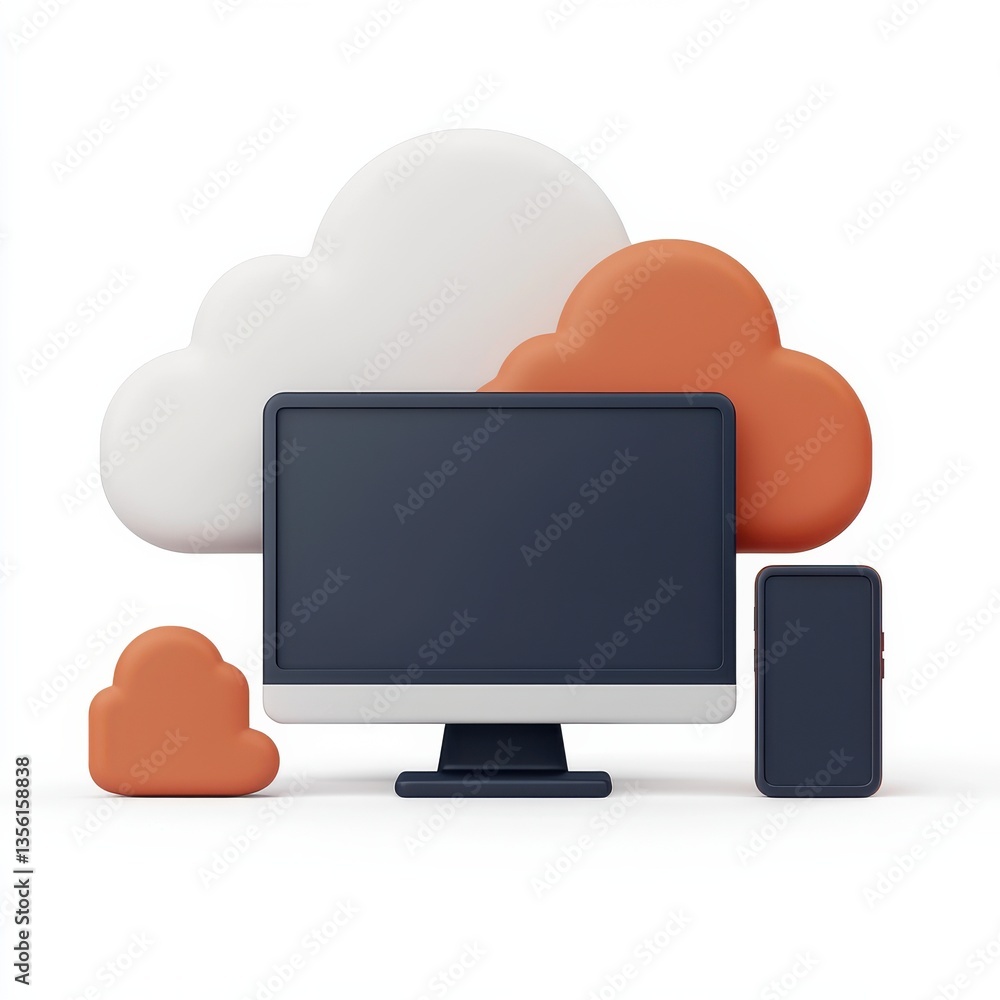 Poster stylized illustration of computer and mobile devices with cloud icons, representing digital connecti