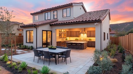 Elegant home with patio and outdoor kitchen under soft sunset glow, serene and inviting atmosphere.