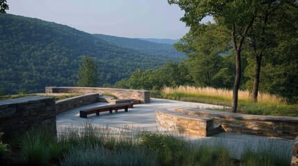 Scenic Outdoor Viewing Area Surrounded by Lush Green Mountains