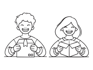 Man and woman unpacking a delivered package with hand drawn vector illustration. Doodle style. Isolated and easy to use for creative projects and designs.