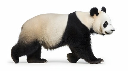 Naklejka premium Side View of a Playful Panda Walking Gracefully on a White Background Representing Wildlife Conservation