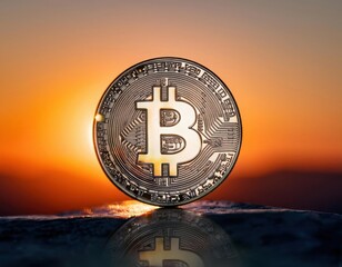 A luminous silver Bitcoin against a smooth, gradient sunset background