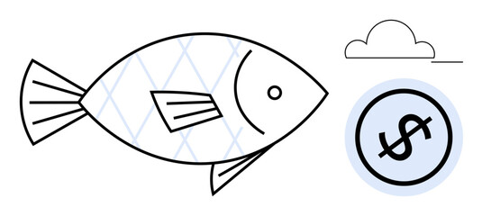 Fish outlined with scales beside a dollar sign in a circle under a cloud. Ideal for sustainability, economy, marine life, fishing industry, climate change, conservation, financial growth. Flat simple
