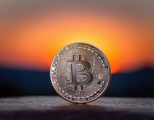 A luminous silver Bitcoin against a smooth, gradient sunset background