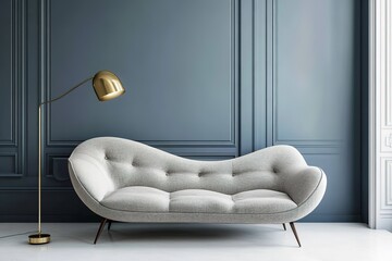 Scandinavian interior of living room concept, light gray sofa with gold lamp on white flooring and blue wall,3d rendering