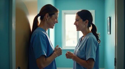 Obraz premium Two Women in Scrubs Engaged in Conversation and Smiling in a Clean Medical Environment, Displaying Professionalism and Camaraderie.