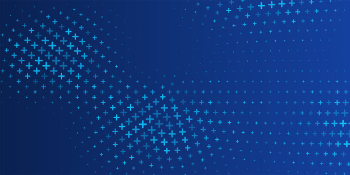 Medical blue background. Healthcare blue circle pattern with glowing plus signs. Abstract futuristic digital backdrop with pixelated geometric elements. Modern technology vector illustration.