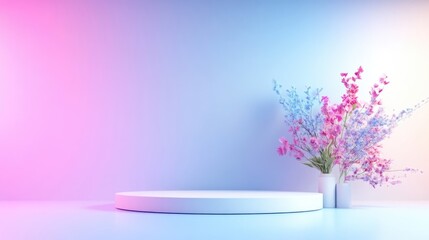 Obraz premium Empty round podium with flowers in vibrant pastel hues