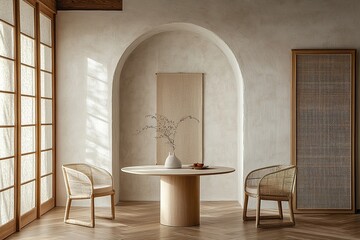 Minimalist dining room with oak herringbone floor, three black chairs, oval wooden table, white walls, small dark square art, no windows, modern hanging screen, mid-century style, soft light 