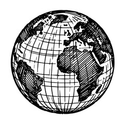 Hand-drawn Globe Illustration, Black and White, Representing Earth and Geography with copy space