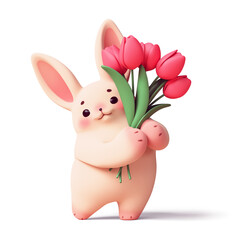 3d render of simple funny kawaii soft fluffy cartoon easter bunny with eyebrows, pink ears, cheeks holding bouquet of red tulips in its paws stands in dancing pose. Hello spring on white background.