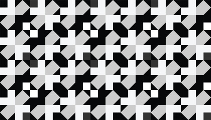Black and white abstract pattern with interlocking geometric shapes creates a dynamic and futuristic optical effect. Suitable for modern design and minimalist aesthetics