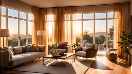 Fototapeta premium Modern living room interior showcasing a comfortable sofa armchair bathed warm sunset light streaming through large windows offering a panoramic view hills greenery.