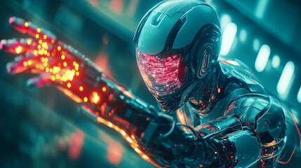 Futuristic robot emitting glowing red particles in a high-tech setting