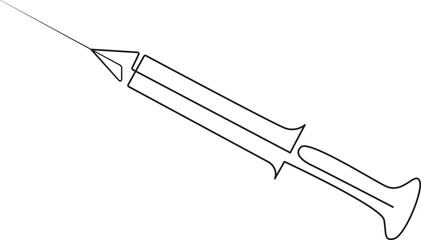 Syringes for injections continuous one line art drawing of vaccination, health care injection, blood sampling for laboratory analysis. Medical concept, vector illustration.