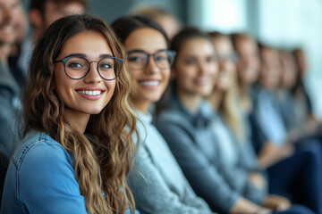 Fototapeta premium Group Of Smiling People In Glasses Looking At Camera During Conference With Focus On The Foreground
