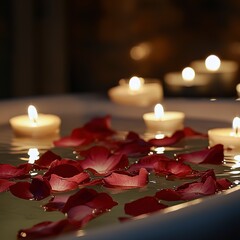 Rose petals in bathwater surrounded by candles under dim light, warm tones, and a relaxing, luxurious setting.
