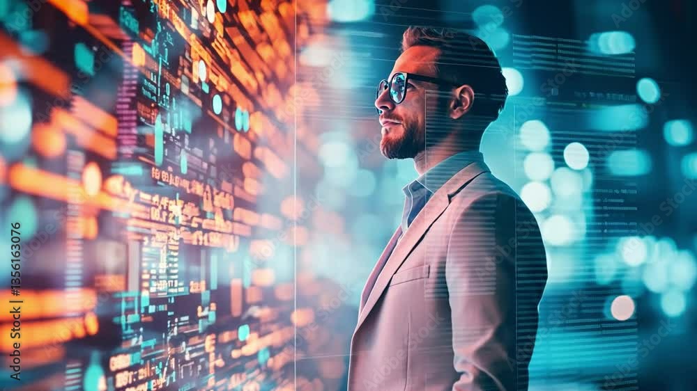Poster visionary in tech: a modern, sophisticated man, engrossed in a complex wall display filled with intr