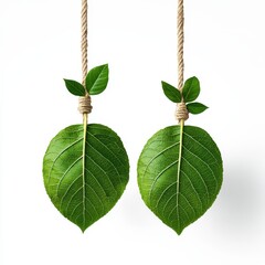 Naklejka premium Two green leaves hanging by twine against a clean, white background.