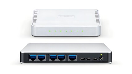 A high-quality, studio shot of a white network switch with both Ethernet and USB ports.