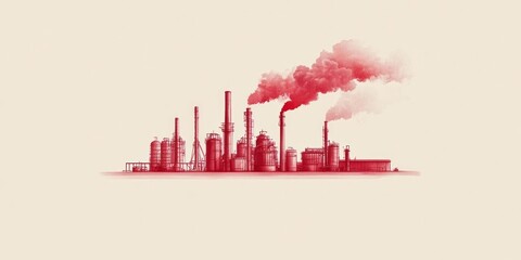 Fototapeta premium Red industrial complex emitting smoke against a cream background