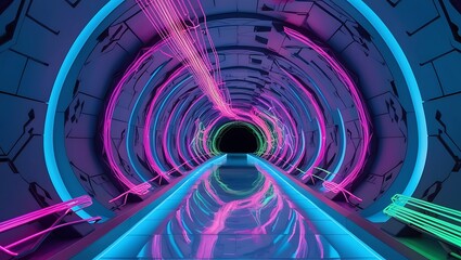 Obraz premium Empty blue geometric tunnel and neon lines