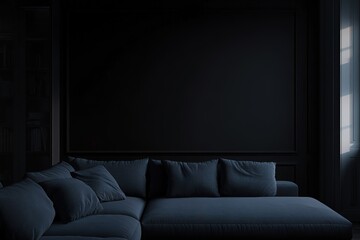 Stylish dark living room interior with gray sofa mock up, modern interior background, empty black wall mockup, 3d illustration