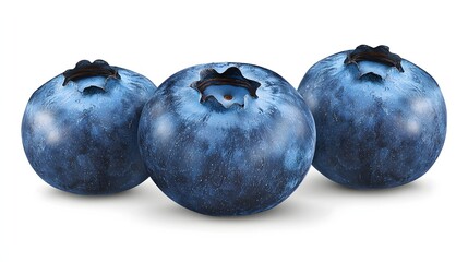 Obraz premium Three Fresh Blueberries on a White Background Displaying Natural Color and Texture