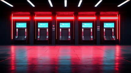 Futuristic ATM hall with red neon lights.