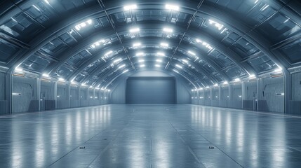 Empty futuristic agricultural hangar with bright lighting, expansive open space, and futuristic design