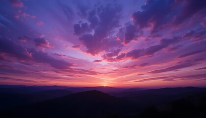 Stunning Lilac Clouds in a Panoramic Sky with a Purple and Orange Sunset Glow
