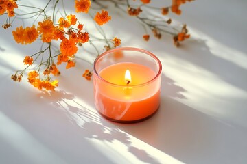 Orange candle with dried flowers, sunlight shadows. Interior still life.  Possible use  Home decor, aromatherapy, wellness