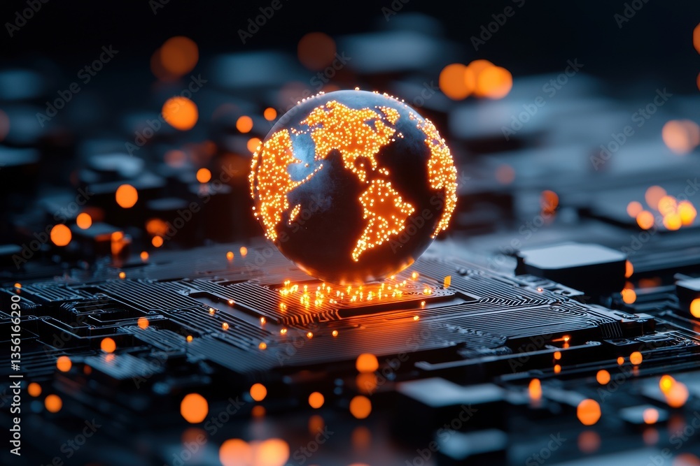 Poster digital representation of a globe on a circuit board, symbolizing technology and connectivity.