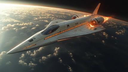 A cutting edge spaceplane ascends above Earth, showcasing its advanced hypersonic propulsion system. This innovative vehicle represents the future of aerospace technology.