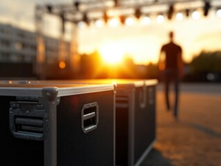 Outdoor event setup at sunset