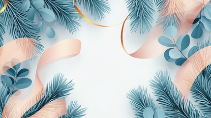Naklejka premium Delicate arrangement of blue pine branches and soft ribbons, perfect for festive celebrations.