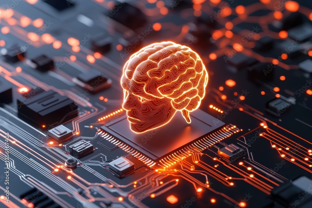 Poster a digital representation of a brain on a circuit board, symbolizing artificial intelligence.