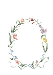 Watercolor floral wreath, frame of greenery and wildflowers isolated for wedding invitation and elements