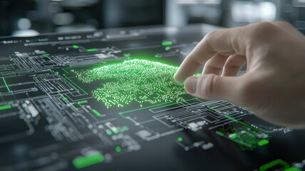 Futuristic hand interacting with a digital interface displaying green data points and circuit patterns.