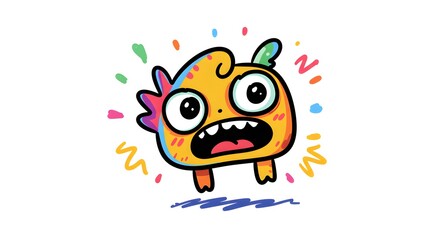 Playful and colorful monster character with a surprised expression, large eyes, and vibrant rainbow accents. Standing on a white background with dynamic motion lines.
