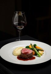 beef steak with vegetables fine dining at restaurant close up