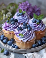 Blueberry Cupcake with Whipped Lavender Frosting on Pink Background