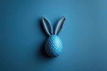 Bright blue egg with polka dots features playful bunny ears, sym