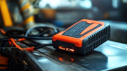 Portable car battery charger on metal workbench in a garage