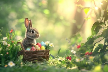 Cute rabbit sitting in basket filled with colorful eggs among bl