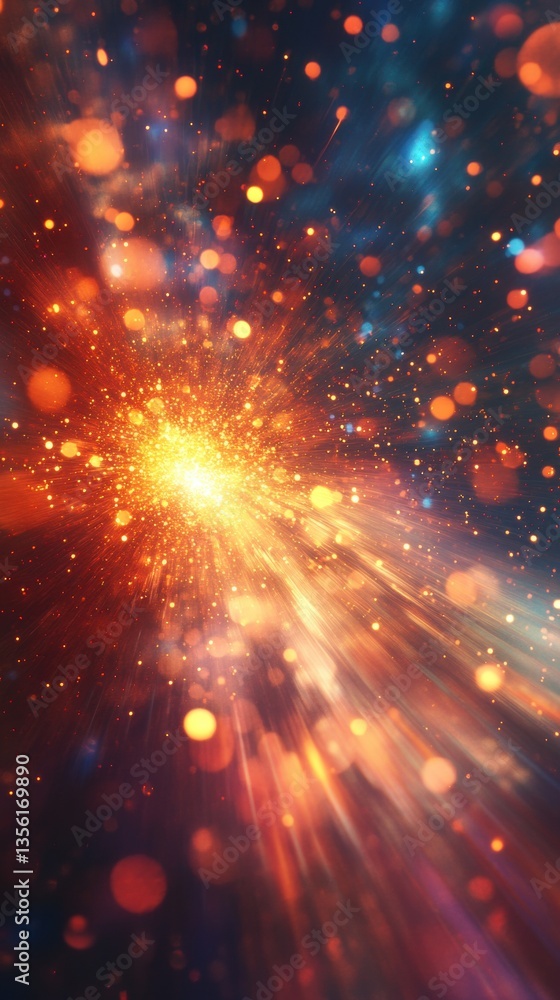Poster vibrant cosmic explosion with radiant light and colorful particles in a starry backdrop creating a s